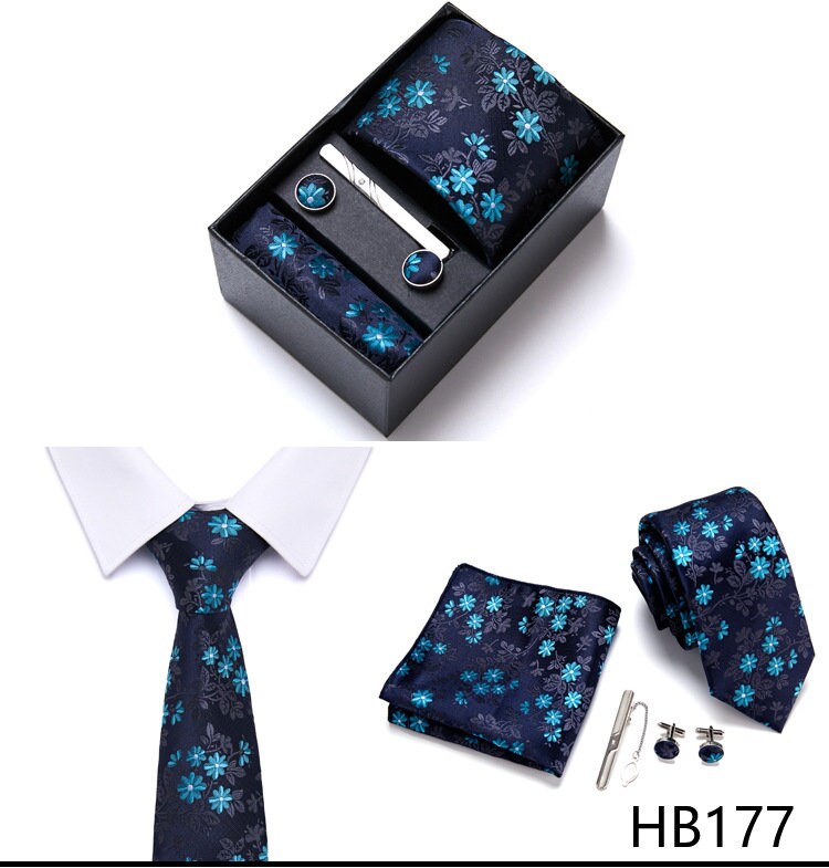 Navy Blue Floral Pattern Tie Set / Pocket Square, Bowtie, Tie Clip, Cufflinks / Gift for Him / Wedding Groomsmen Gift / Men Present / Box