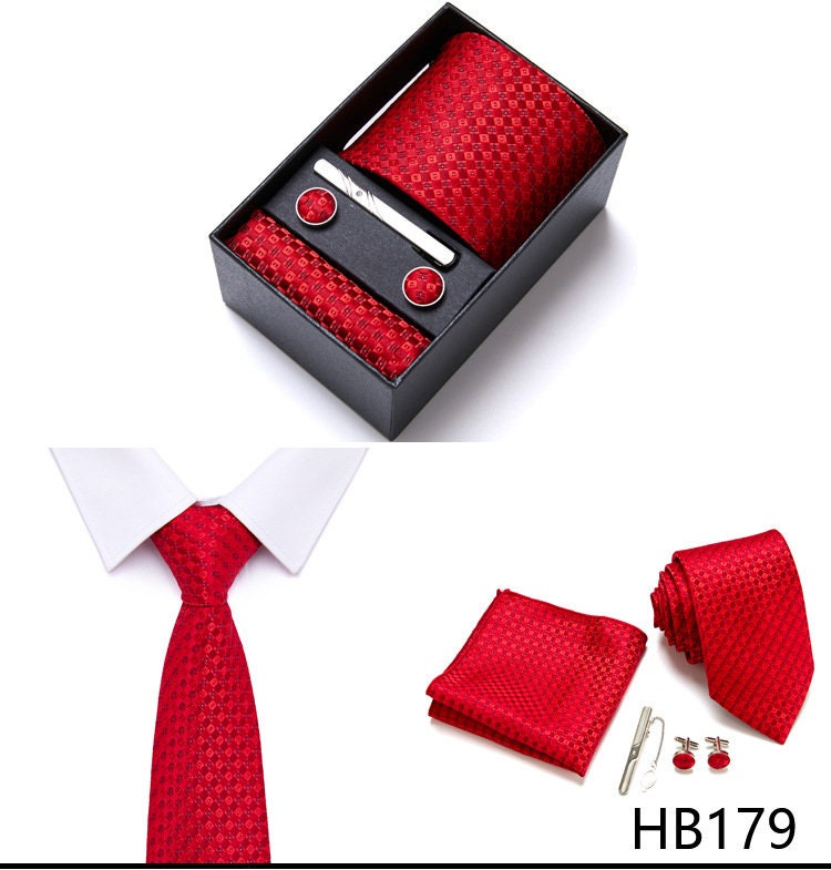 Red Pattern Tie Set / Pocket Square, Bowtie, Tie Clip, Cufflinks / Gift for Him / Wedding Groomsmen Gift / Men's Present / Gift Box