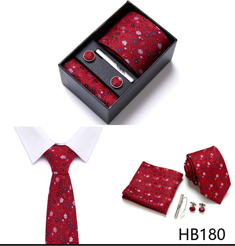 Burgundy Red Floral Pattern Tie Set / Pocket Square, Bowtie, Tie Clip, Cufflinks / Gift for Him / Wedding Groomsmen Gift / Men's Gift Box