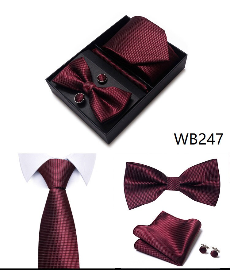 Dark Red Square Pattern Tie Set / Pocket Square Tie Bowtie Cufflinks Set / Wedding Tie / Tie Clips / Gift for him Mens Groomsmen Gift