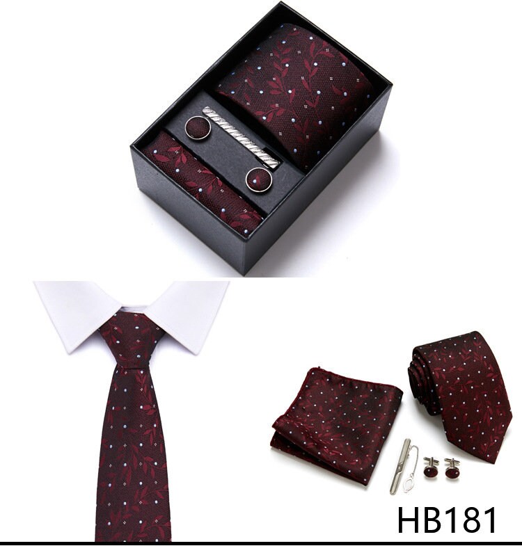 Rosewood Red Floral Pattern Tie Set / Pocket Square, Bowtie, Tie Clip, Cufflinks / Gift for Him / Wedding Groomsmen Gift / Men's Gift Box