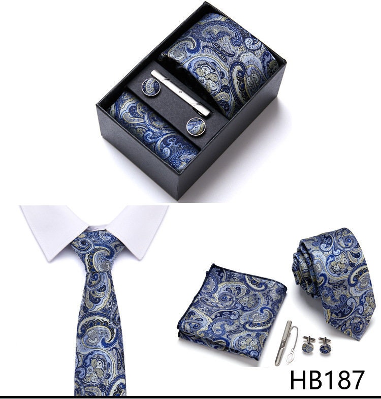 Blue Paisley Tie Set / Pocket Square, Bowtie, Tie Clip, Cufflinks / Gift for Him / Wedding Groomsmen Gift / Men's Gift Box / Purple