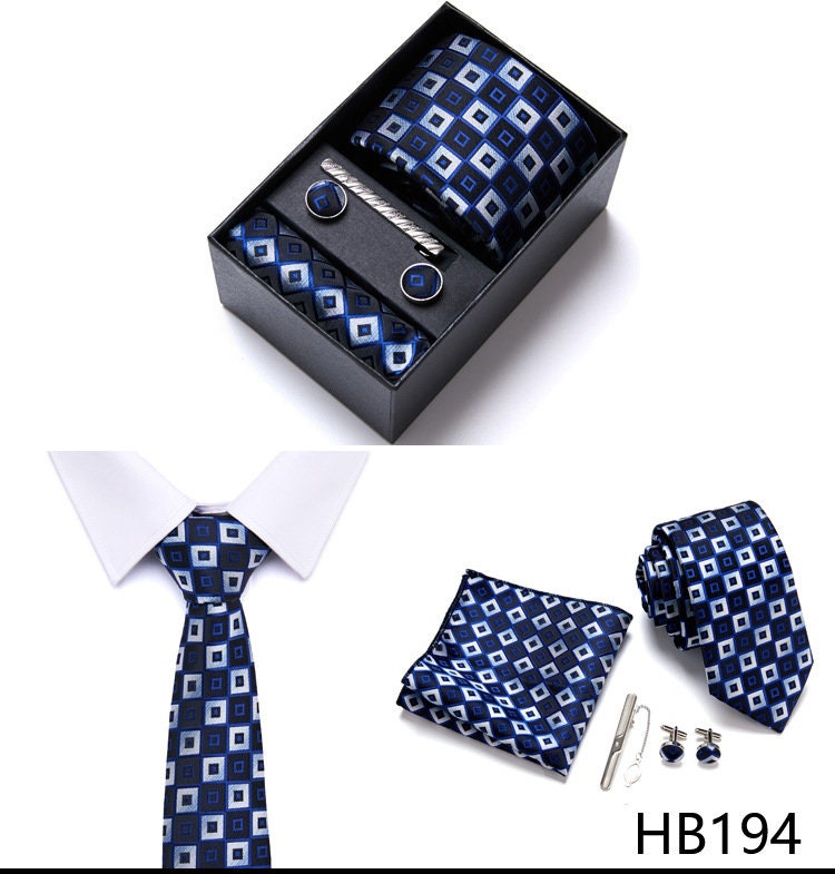 Royal Blue Square Pattern Tie Set / Pocket Square, Bowtie, Tie Clip, Cufflinks / Gift for Him / Wedding Groomsmen Gift / Men's Gift Box