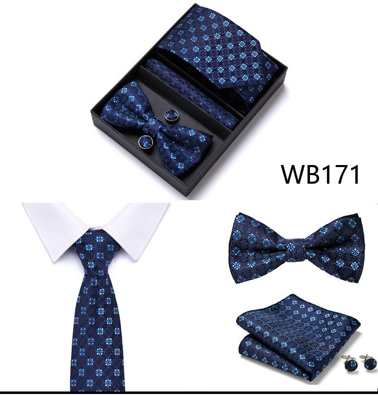 Blue Floral Pattern Tie Set / Pocket Square, Bowtie, Tie Clip, Cufflinks / Gift for Him / Wedding Groomsmen Gift / Men's Present / Gift Box