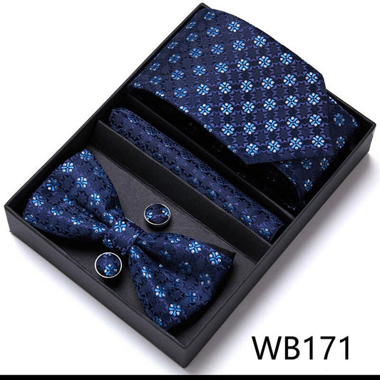 Blue Floral Pattern Tie Set / Pocket Square, Bowtie, Tie Clip, Cufflinks / Gift for Him / Wedding Groomsmen Gift / Men's Present / Gift Box