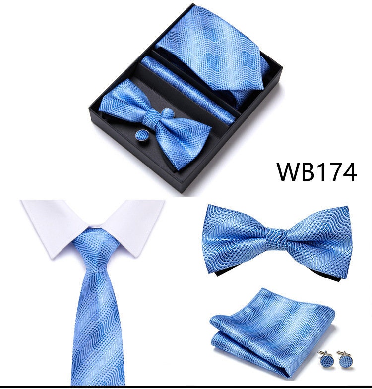 Sky Blue Wave Pattern Tie Set / Pocket Square, Bowtie, Tie Clip, Cufflinks / Gift for Him / Wedding Groomsmen Gift / Men's Present / Box