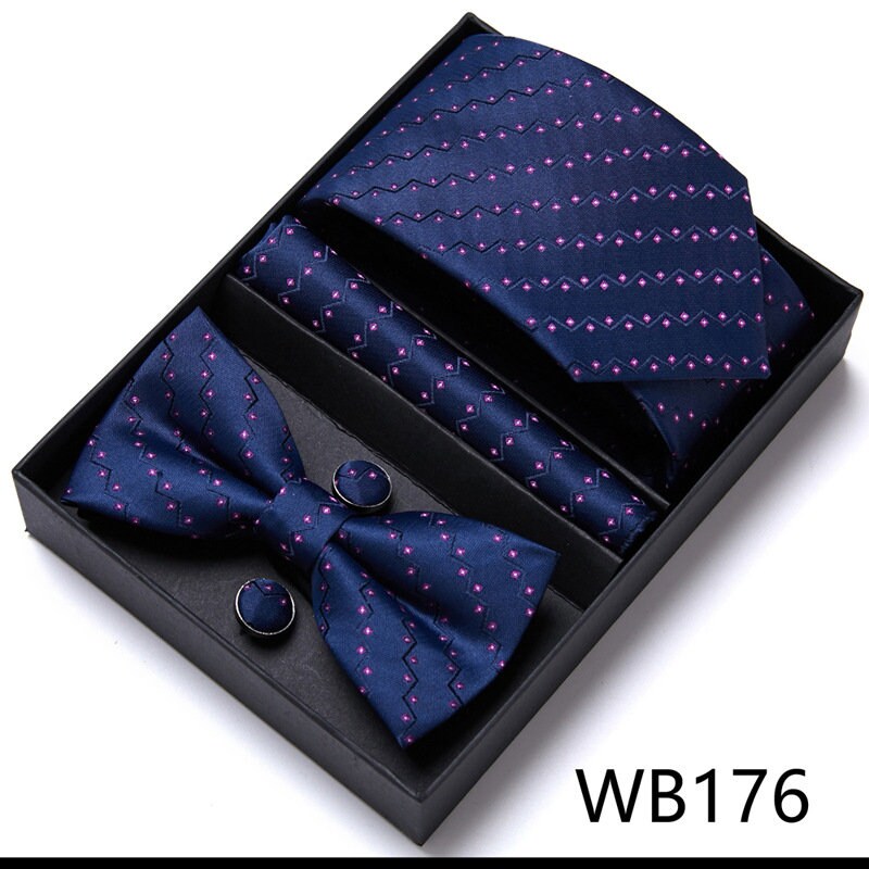 Regency Purple Wave Pattern Tie Set / Pocket Square, Bowtie, Tie Clip, Cufflinks / Gift for Him / Wedding Groomsmen Gift / Men Present / Box