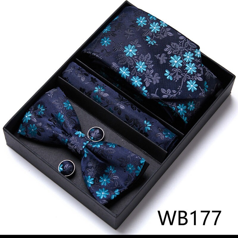 Navy Blue Floral Pattern Tie Set / Pocket Square, Bowtie, Tie Clip, Cufflinks / Gift for Him / Wedding Groomsmen Gift / Men Present / Box