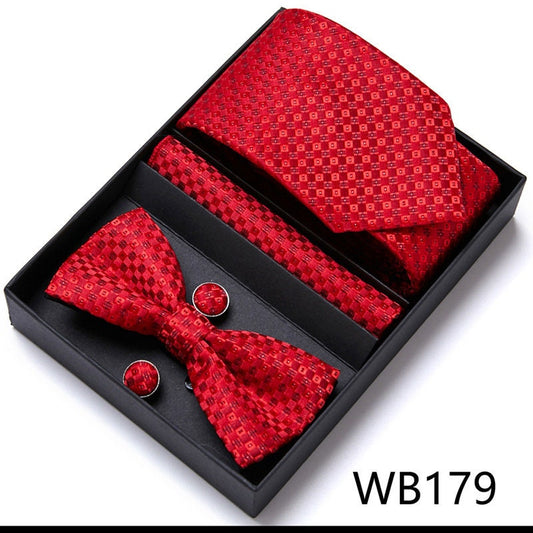 Red Pattern Tie Set / Pocket Square, Bowtie, Tie Clip, Cufflinks / Gift for Him / Wedding Groomsmen Gift / Men's Present / Gift Box