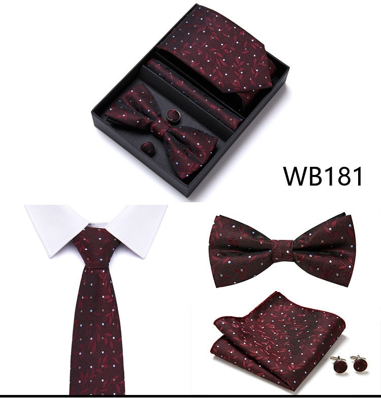 Rosewood Red Floral Pattern Tie Set / Pocket Square, Bowtie, Tie Clip, Cufflinks / Gift for Him / Wedding Groomsmen Gift / Men's Gift Box