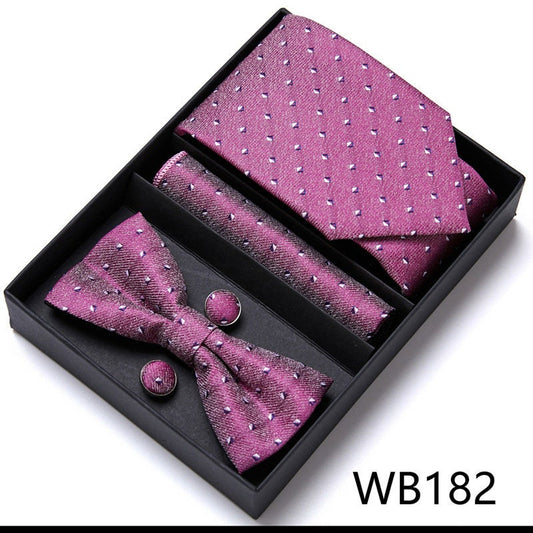 Burgundy Pink Pattern Tie Set / Pocket Square, Bowtie, Tie Clip, Cufflinks / Gift for Him / Wedding Groomsmen Gift / Men's Gift Box