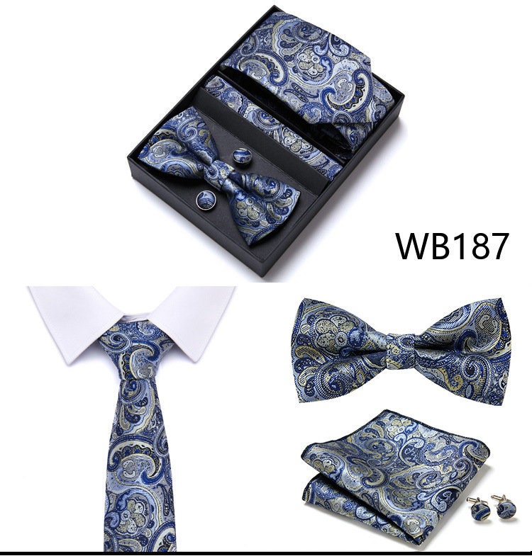 Blue Paisley Tie Set / Pocket Square, Bowtie, Tie Clip, Cufflinks / Gift for Him / Wedding Groomsmen Gift / Men's Gift Box / Purple