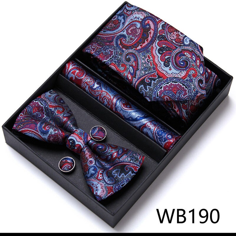 Red and Blue Paisley Tie Set / Pocket Square, Bowtie, Tie Clip, Cufflinks / Gift for Him / Wedding Groomsmen Gift / Men's Gift Box / Purple