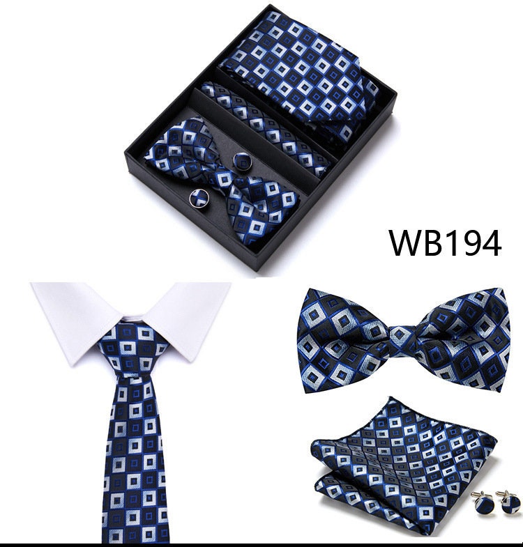 Royal Blue Square Pattern Tie Set / Pocket Square, Bowtie, Tie Clip, Cufflinks / Gift for Him / Wedding Groomsmen Gift / Men's Gift Box