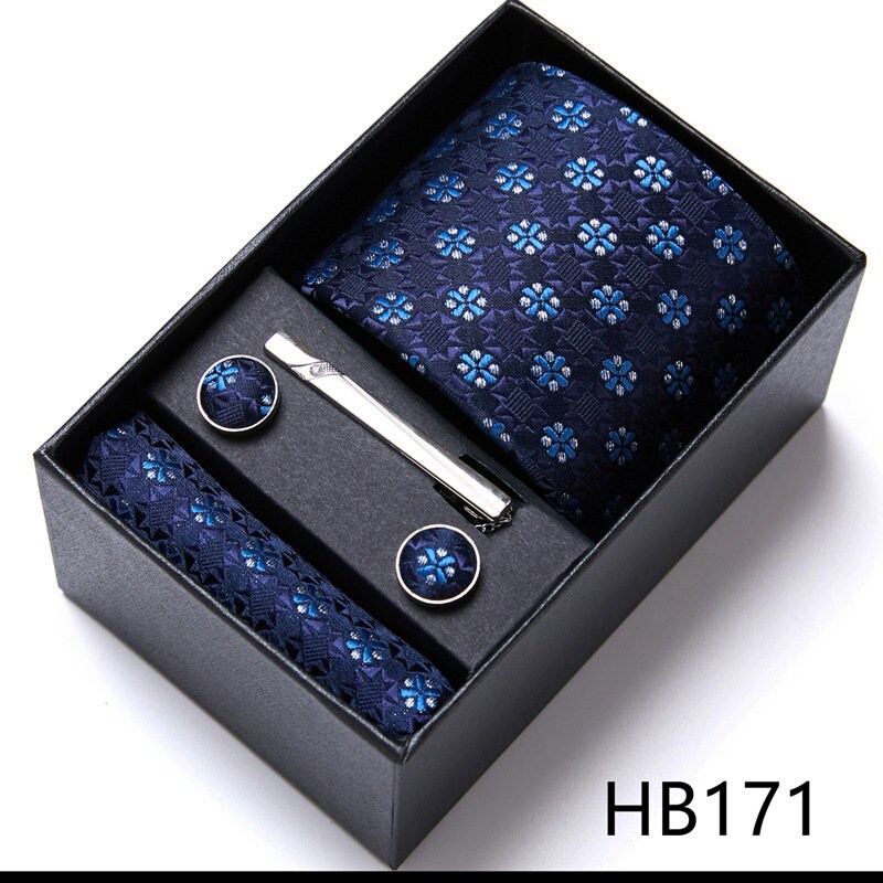 Blue Floral Pattern Tie Set / Pocket Square, Bowtie, Tie Clip, Cufflinks / Gift for Him / Wedding Groomsmen Gift / Men's Present / Gift Box