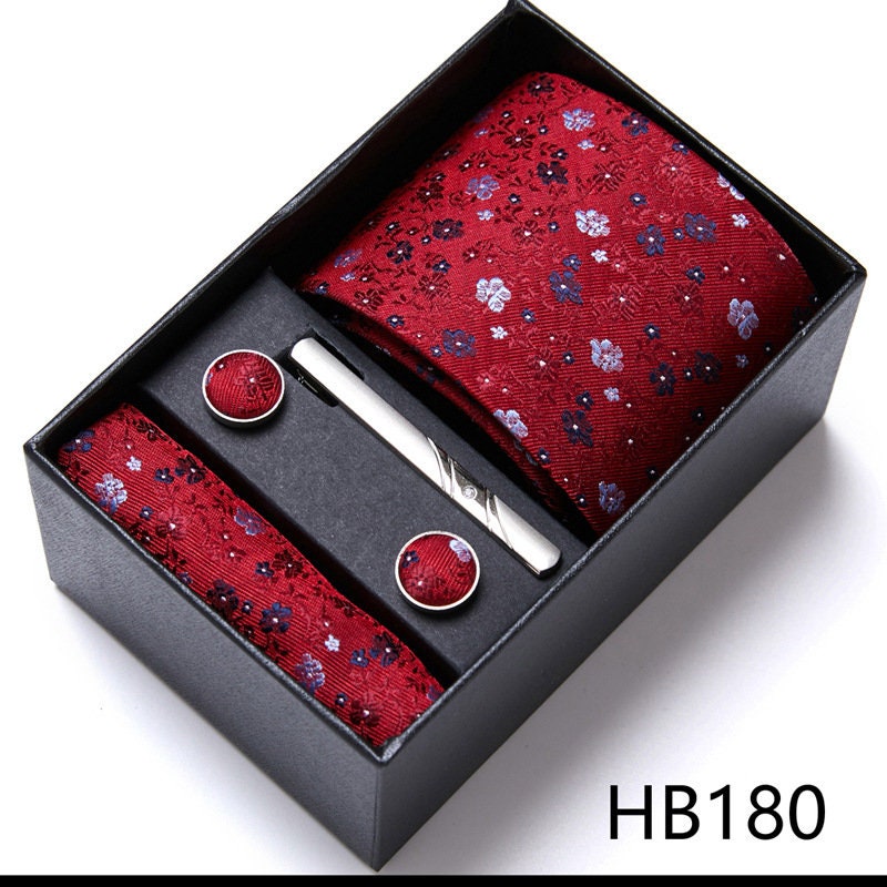 Burgundy Red Floral Pattern Tie Set / Pocket Square, Bowtie, Tie Clip, Cufflinks / Gift for Him / Wedding Groomsmen Gift / Men's Gift Box