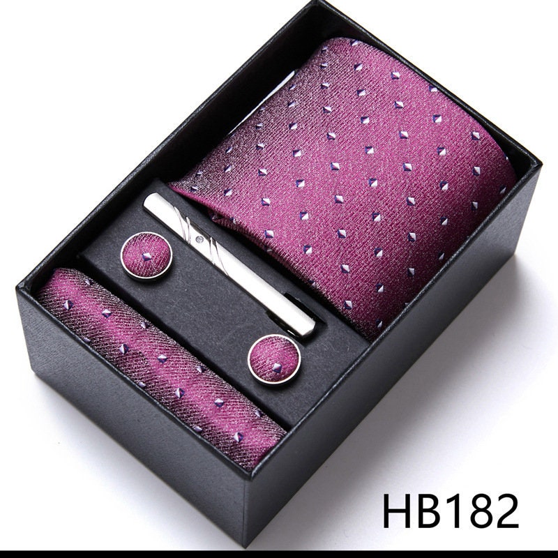 Burgundy Pink Pattern Tie Set / Pocket Square, Bowtie, Tie Clip, Cufflinks / Gift for Him / Wedding Groomsmen Gift / Men's Gift Box