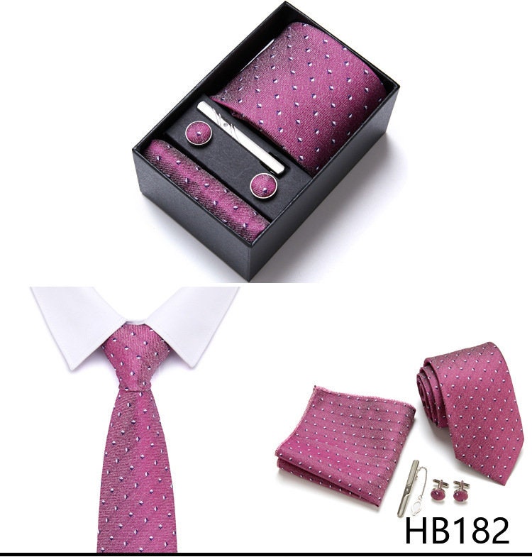 Burgundy Pink Pattern Tie Set / Pocket Square, Bowtie, Tie Clip, Cufflinks / Gift for Him / Wedding Groomsmen Gift / Men's Gift Box