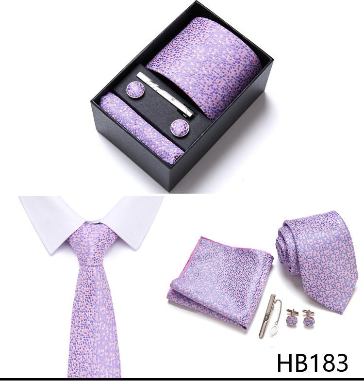 Lavender Pattern Tie Set / Pocket Square, Bowtie, Tie Clip, Cufflinks / Gift for Him / Wedding Groomsmen Gift / Men's Gift Box / Purple