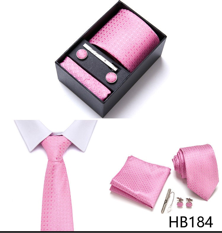 Pink Tie Set / Pink Pocket Square, Bowtie, Tie Clip, Cufflinks / Gift for Him / Wedding Groomsmen Gift / Men's Gift Box / Party Style