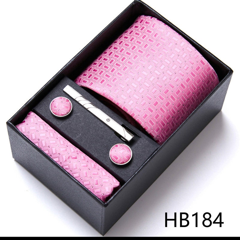 Pink Tie Set / Pink Pocket Square, Bowtie, Tie Clip, Cufflinks / Gift for Him / Wedding Groomsmen Gift / Men's Gift Box / Party Style