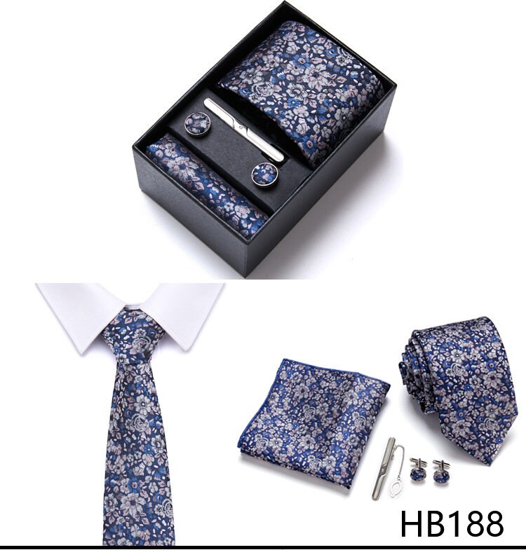 Blue Floral Paisley Tie Set / Pocket Square, Bowtie, Tie Clip, Cufflinks / Gift for Him / Wedding Groomsmen Gift / Men's Gift Box / Purple