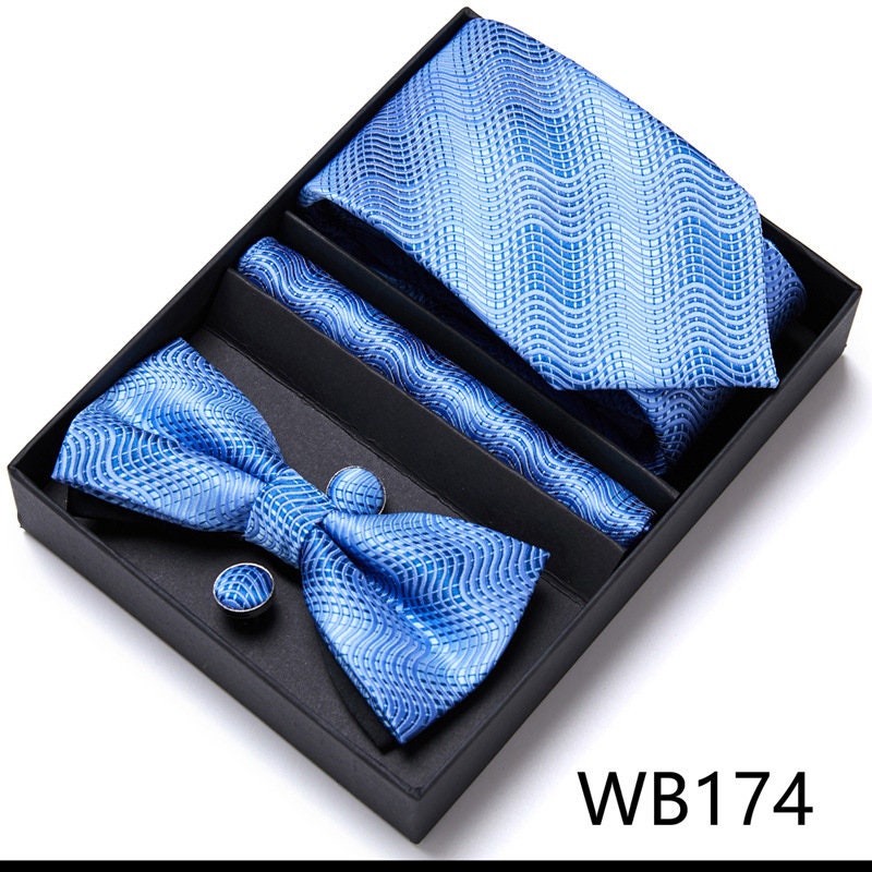 Sky Blue Wave Pattern Tie Set / Pocket Square, Bowtie, Tie Clip, Cufflinks / Gift for Him / Wedding Groomsmen Gift / Men's Present / Box