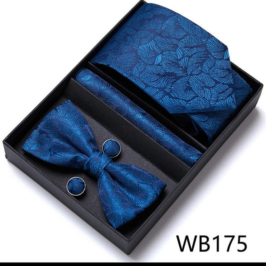 Navy Blue Leaf Pattern Tie Set / Pocket Square, Bowtie, Tie Clip, Cufflinks / Gift for Him / Wedding Groomsmen Gift / Men's Present / Box