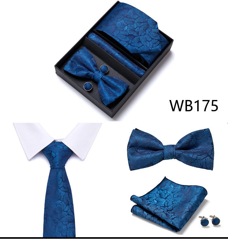 Navy Blue Leaf Pattern Tie Set / Pocket Square, Bowtie, Tie Clip, Cufflinks / Gift for Him / Wedding Groomsmen Gift / Men's Present / Box