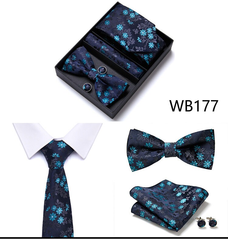 Navy Blue Floral Pattern Tie Set / Pocket Square, Bowtie, Tie Clip, Cufflinks / Gift for Him / Wedding Groomsmen Gift / Men Present / Box