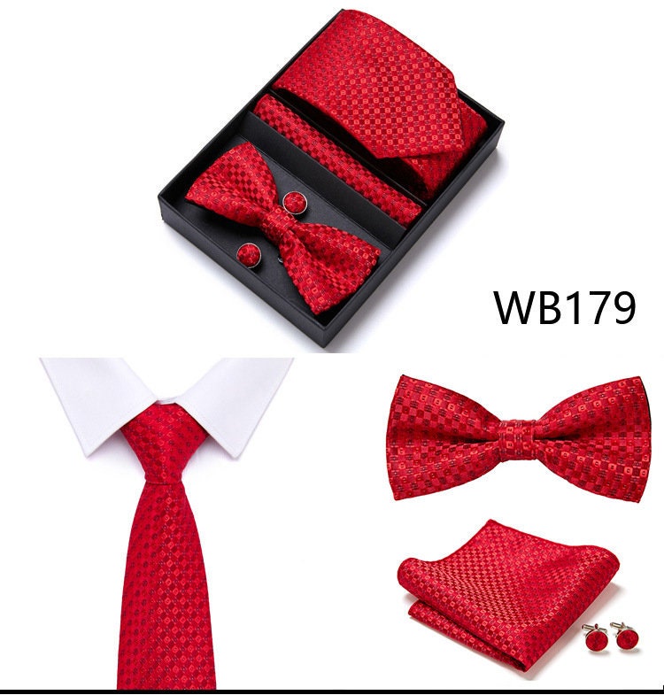 Red Pattern Tie Set / Pocket Square, Bowtie, Tie Clip, Cufflinks / Gift for Him / Wedding Groomsmen Gift / Men's Present / Gift Box