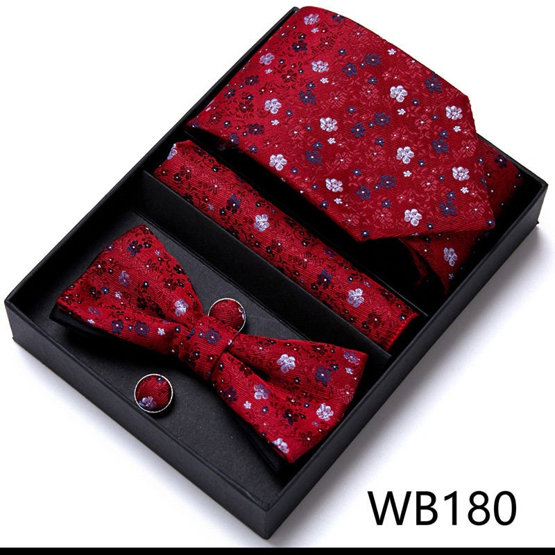 Burgundy Red Floral Pattern Tie Set / Pocket Square, Bowtie, Tie Clip, Cufflinks / Gift for Him / Wedding Groomsmen Gift / Men's Gift Box