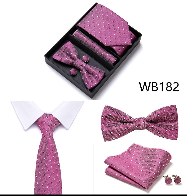 Burgundy Pink Pattern Tie Set / Pocket Square, Bowtie, Tie Clip, Cufflinks / Gift for Him / Wedding Groomsmen Gift / Men's Gift Box