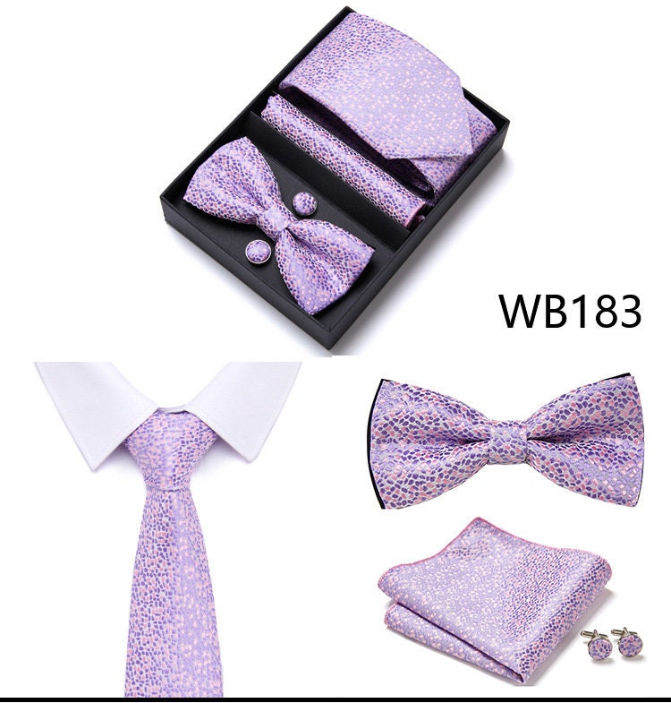 Lavender Pattern Tie Set / Pocket Square, Bowtie, Tie Clip, Cufflinks / Gift for Him / Wedding Groomsmen Gift / Men's Gift Box / Purple