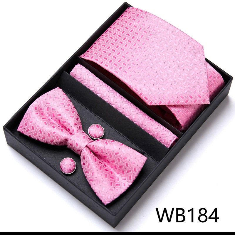 Pink Tie Set / Pink Pocket Square, Bowtie, Tie Clip, Cufflinks / Gift for Him / Wedding Groomsmen Gift / Men's Gift Box / Party Style