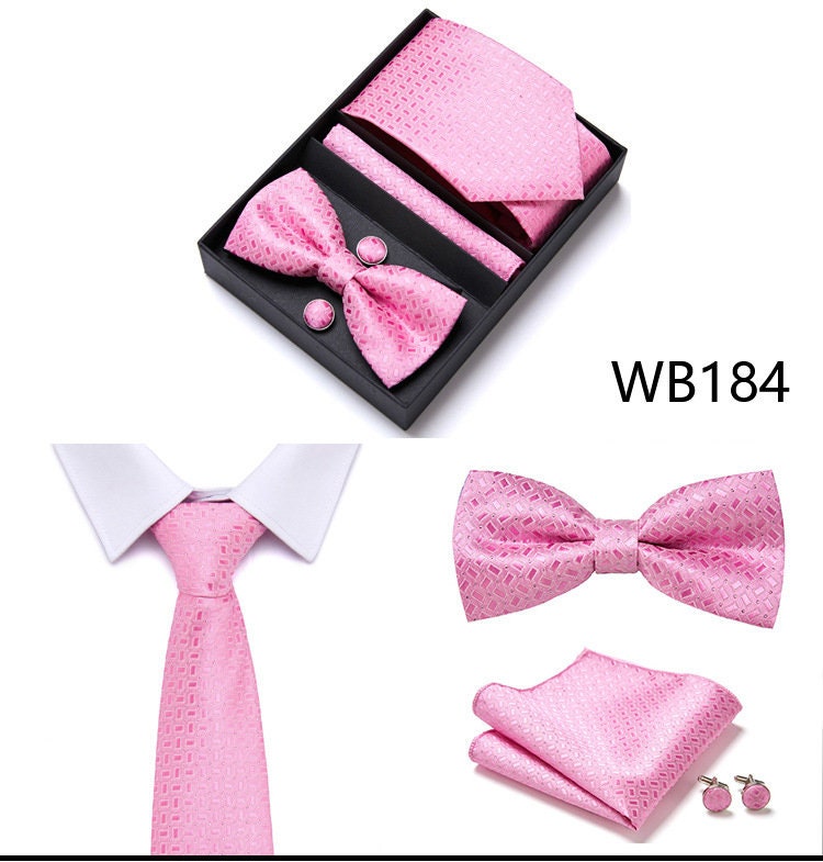 Pink Tie Set / Pink Pocket Square, Bowtie, Tie Clip, Cufflinks / Gift for Him / Wedding Groomsmen Gift / Men's Gift Box / Party Style