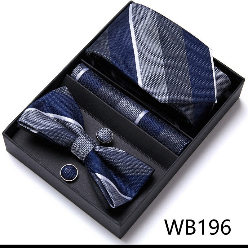 Dark Gray & Blue Stripe Pattern Tie Set / Pocket Square, Bowtie, Tie Clip, Cufflinks / Gift for Him / Wedding Groomsmen Gift / Men Gift Box