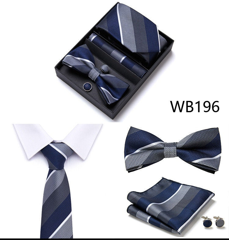 Dark Gray & Blue Stripe Pattern Tie Set / Pocket Square, Bowtie, Tie Clip, Cufflinks / Gift for Him / Wedding Groomsmen Gift / Men Gift Box