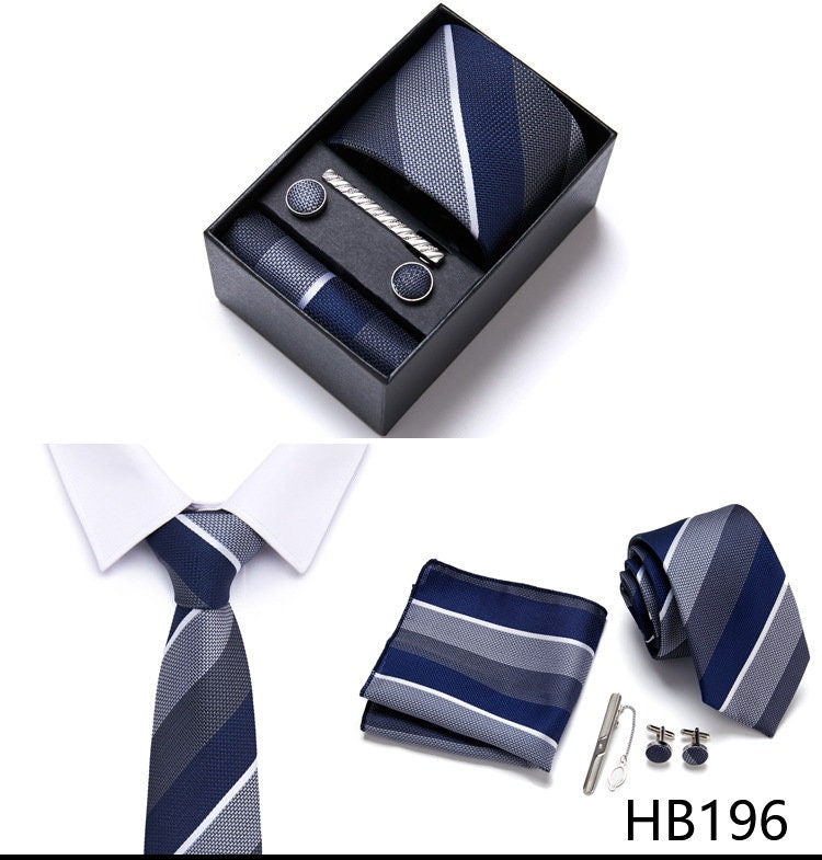 Dark Gray & Blue Stripe Pattern Tie Set / Pocket Square, Bowtie, Tie Clip, Cufflinks / Gift for Him / Wedding Groomsmen Gift / Men Gift Box