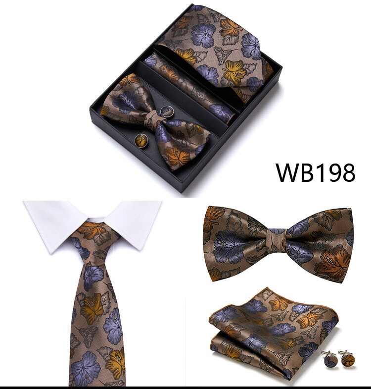 Brown Purple Gold Leaf Pattern Tie Set / Pocket Square, Bowtie, Tie Clip, Cufflinks / Gift for Him / Wedding Groomsmen Gift / Men Gift Box