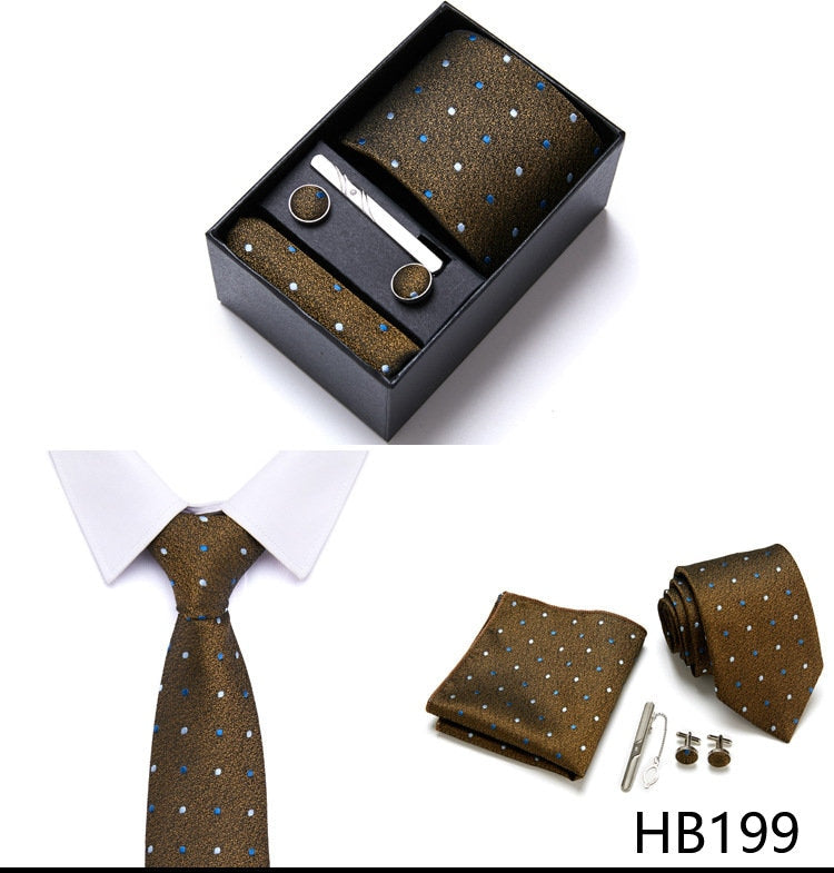 Brown Green Dot Pattern Tie Set / Pocket Square, Bowtie, Tie Clip, Cufflinks / Gift for Him / Wedding Groomsmen Gift / Men Gift Box