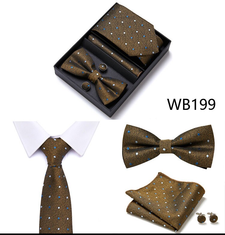 Brown Green Dot Pattern Tie Set / Pocket Square, Bowtie, Tie Clip, Cufflinks / Gift for Him / Wedding Groomsmen Gift / Men Gift Box