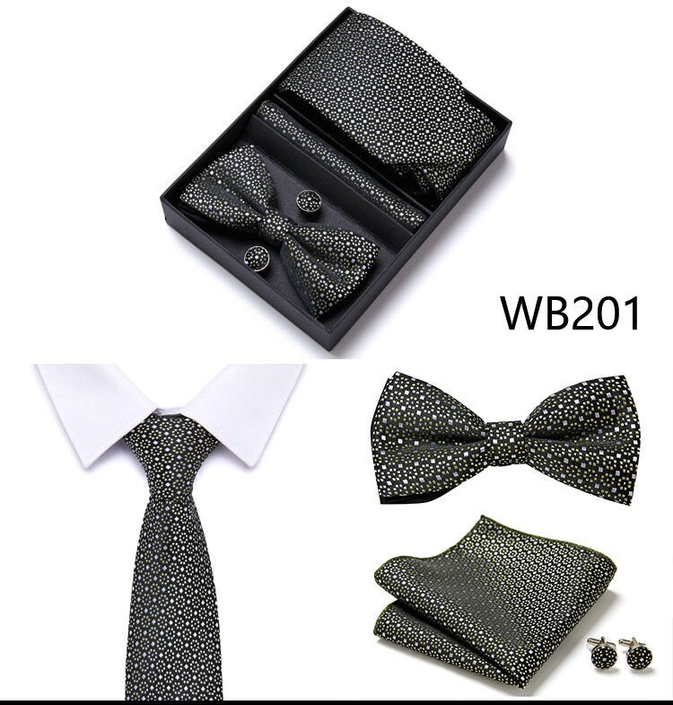 Black White Flower Pattern Tie Set / Pocket Square, Bowtie, Tie Clip, Cufflinks / Gift for Him / Wedding Groomsmen Gift / Men Gift Box