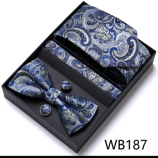 Blue Paisley Tie Set / Pocket Square, Bowtie, Tie Clip, Cufflinks / Gift for Him / Wedding Groomsmen Gift / Men's Gift Box / Purple