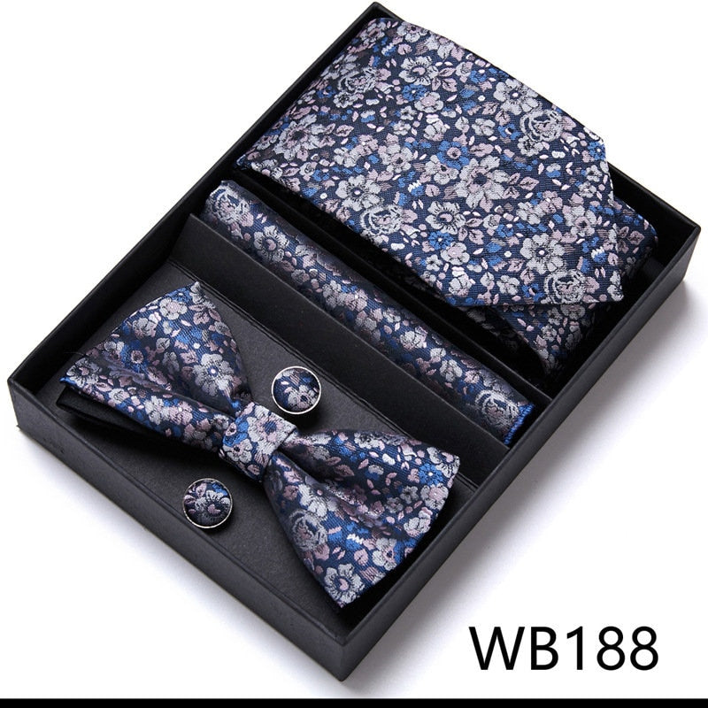 Blue Floral Paisley Tie Set / Pocket Square, Bowtie, Tie Clip, Cufflinks / Gift for Him / Wedding Groomsmen Gift / Men's Gift Box / Purple