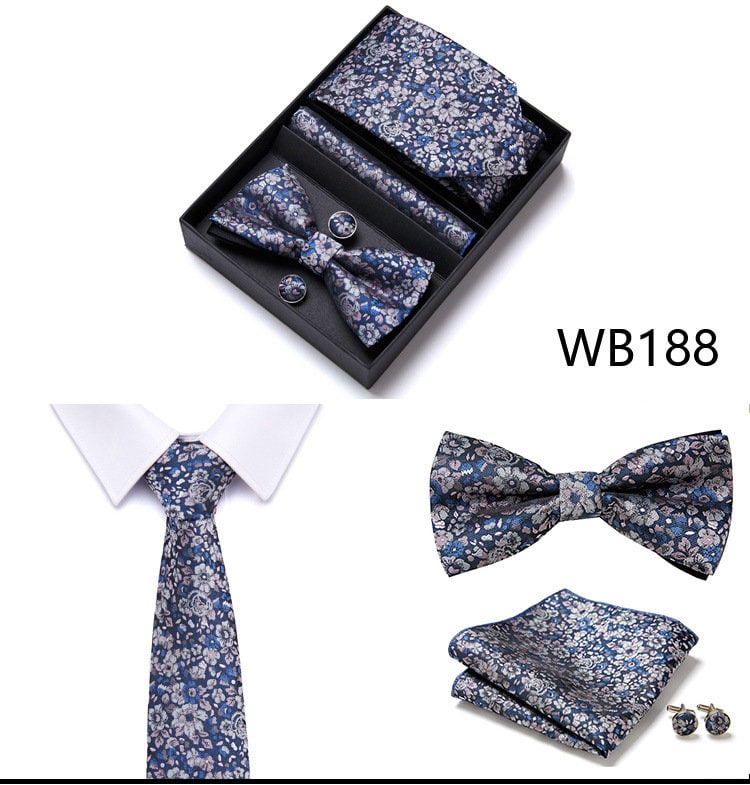 Blue Floral Paisley Tie Set / Pocket Square, Bowtie, Tie Clip, Cufflinks / Gift for Him / Wedding Groomsmen Gift / Men's Gift Box / Purple