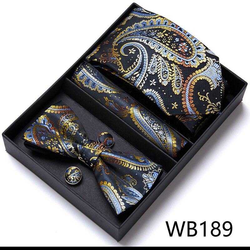 Black Paisley Pattern Tie Set / Pocket Square, Bowtie, Tie Clip, Cufflinks / Gift for Him / Wedding Groomsmen Gift / Men's Gift Box / Purple