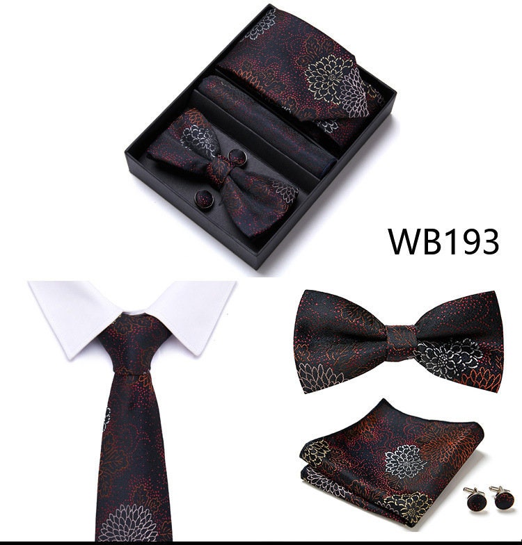 Chrysanthemum Black Tie Set / Pocket Square, Bowtie, Tie Clip, Cufflinks / Gift for Him / Wedding Groomsmen Gift / Men's Gift Box