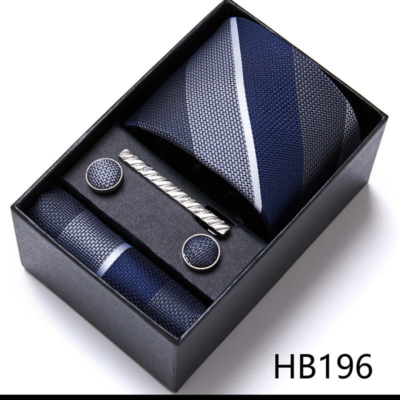 Dark Gray & Blue Stripe Pattern Tie Set / Pocket Square, Bowtie, Tie Clip, Cufflinks / Gift for Him / Wedding Groomsmen Gift / Men Gift Box