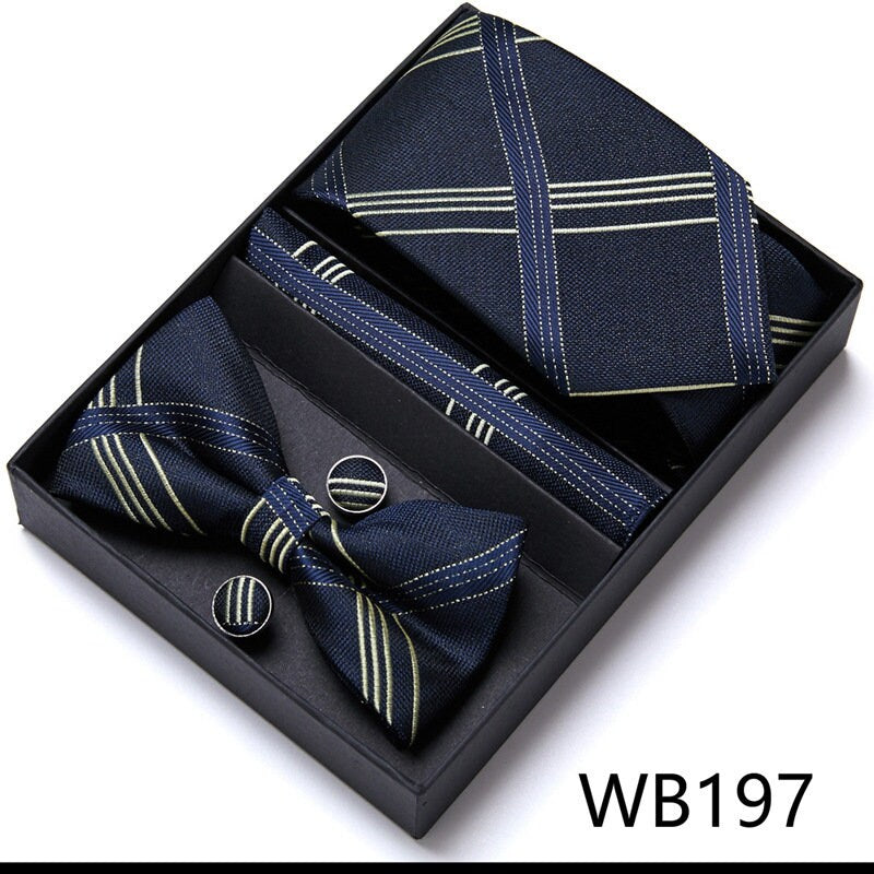 Navy Blue Stripe Pattern Tie Set / Pocket Square, Bowtie, Tie Clip, Cufflinks / Gift for Him / Wedding Groomsmen Gift / Men Gift Box